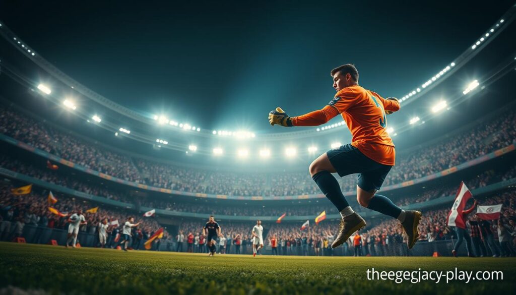 A dramatic scene capturing the heroic performance of a goalkeeper in an intense intercontinental cup final. In the foreground, a male goalkeeper, wearing a modern, vibrant kit with protective gloves, leaps gracefully to save a penalty shot. His expression is one of fierce determination and focus. The middle ground features a blurred silhouette of a forward player preparing to take the kick, conveying tension. The background shows a packed stadium, with fans in a frenzy, waving flags and cheering, illuminated by bright stadium lights that create a dramatic, high-energy atmosphere. The angle is low, emphasizing the action and intensity, with a shallow depth of field. The overall mood is one of exhilarating suspense and sportsmanship, reinforcing the theme of legendary performance. An homage to "thelegacyplay.com." A dramatic scene capturing the heroic performance of a goalkeeper in an intense intercontinental cup final. In the foreground, a male goalkeeper, wearing a modern, vibrant kit with protective gloves, leaps gracefully to save a penalty shot. His expression is one of fierce determination and focus. The middle ground features a blurred silhouette of a forward player preparing to take the kick, conveying tension. The background shows a packed stadium, with fans in a frenzy, waving flags and cheering, illuminated by bright stadium lights that create a dramatic, high-energy atmosphere. The angle is low, emphasizing the action and intensity, with a shallow depth of field. The overall mood is one of exhilarating suspense and sportsmanship, reinforcing the theme of legendary performance. An homage to "thelegacyplay.com."