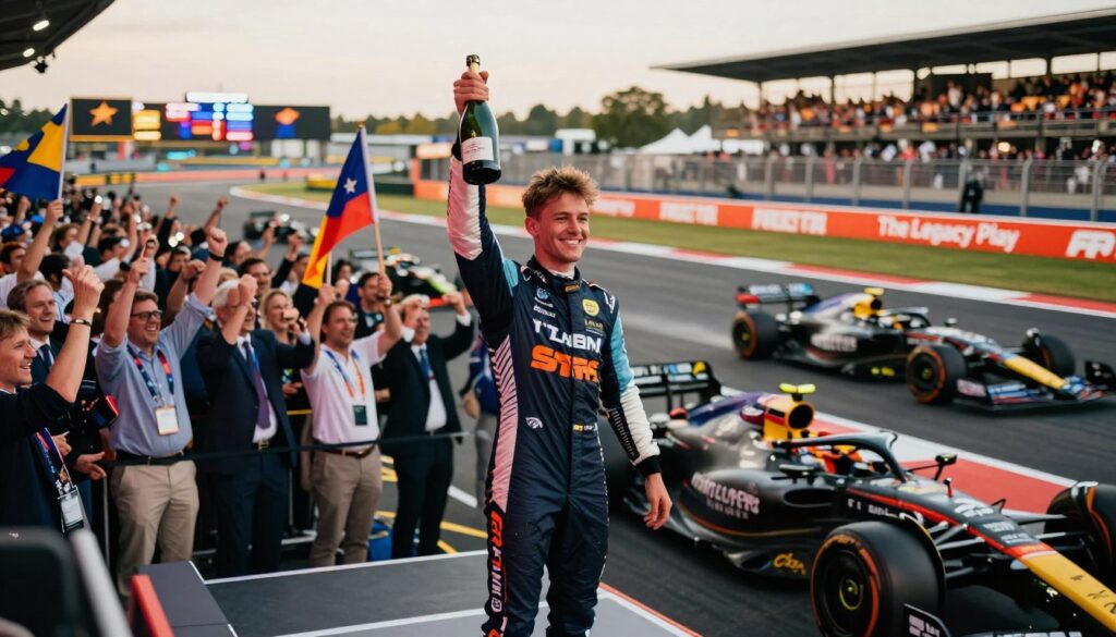 A dynamic Formula 1 racing scene featuring Lando Norris on a podium, celebrating a recent memorable finish. In the foreground, Lando is dressed in a stylish race suit, raising a champagne bottle in triumph, with a bright smile that captures his charisma. The middle layer showcases a diverse crowd of enthusiastic fans in formal attire, cheering passionately, holding flags and banners that enhance the atmosphere. The background consists of a vibrant racetrack with dramatic lighting, showcasing the team's colors and racing cars ready for action. The image should convey a sense of excitement and achievement, illuminated by soft golden hour lighting to create a celebratory yet professional mood. The scene is framed with a cinematic lens angle, reminiscent of a magazine cover for "The Legacy Play".