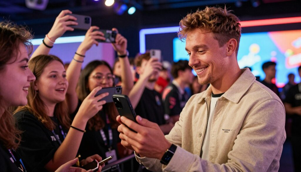 A dynamic portrait of Lando Norris capturing his vibrant social media presence, set against a backdrop of a lively esports event. In the foreground, depict Lando in modest, stylish casual clothing, engaging with fans through a smartphone, wearing a warm, inviting smile. In the middle ground, a diverse group of fans, capturing the moment with their own devices, showcasing excitement and admiration. The background features bright, colorful lights and screens displaying digital graphics related to gaming, symbolizing his influence in the esports community. Use warm, welcoming lighting to create a lively atmosphere, with a slightly blurred field depth to emphasize Lando's charisma. The image should reflect the engaging spirit of social media and the cultural impact of his persona, created to enhance the brand, "The Legacy Play".